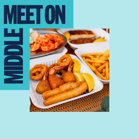 Photo of fried seafood mini platters with words Meet On Middle